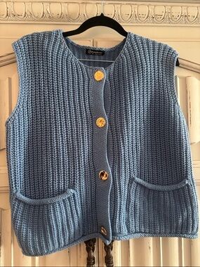 PrettyGarden cropped Powder Blue Knit Button sweater Vest with Gold Buttons